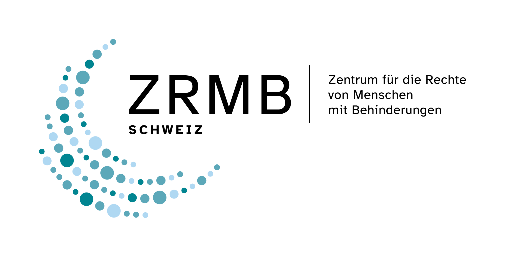 Das Bild zeigt ein Logo auf weissem Hintergrund. Links ist eine halbkreisförmige, nach oben offene Form aus vielen unterschiedlich grossen Punkten zu sehen. Die Punkte sind in verschiedenen Blautönen gehalten und wirken wie eine bewegte, leicht spiralförmige Linie. Rechts neben dieser Punktform steht gross der Schriftzug «ZRMB», darunter kleiner «Schweiz». Rechts davon, durch eine dünne senkrechte Linie getrennt, steht der Text «Zentrum für die Rechte von Menschen mit Behinderungen». Die Schrift ist schwarz, klar und sachlich gestaltet. Das gesamte Bild wirkt ruhig, modern und übersichtlich, mit viel freiem Raum und einem klaren Fokus auf Name und Auftrag der Organisation.