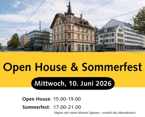 Werbebild zum Anlass «Open House & Sommerfest» am Mittwoch, 10. Juni 2026. Zu sehen ist das Walkerhaus an der Belpstrasse 24 in Bern, ein markantes mehrstöckiges Gebäude aus hellem Sandstein mit historischem Charakter, Erkerturm und dunklem Spitzdach. Es steht an einer städtischen Strassenkreuzung mit Tramleitungen, flankiert von modernen Bürogebäuden. Im unteren Teil des Bildes informiert ein gelber und hellgrauer Textbereich über den Anlass: Open House von 15.00 bis 19.00 Uhr, Sommerfest von 17.00 bis 21.00 Uhr mit Apéro. Veranstaltende sind die Stiftung für Menschen mit Hörbehinderung Bern und die Beratung für Schwerhörige und Gehörlose Bern (BFSUG).