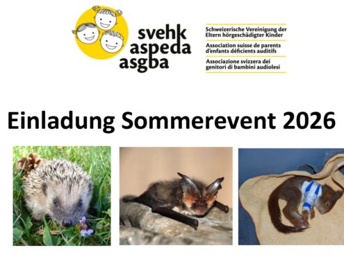 Flyer zum Sommerevent 2026 mit Fotos eines Igels, einer Fledermaus und eines kleinen Wildtiers in Pflege. Das Motiv verweist auf den Besuch der Wildtierstation. Im oberen Bereich ist das Logo der Schweizerischen Vereinigung der Eltern hörgeschädigter Kinder zu sehen.