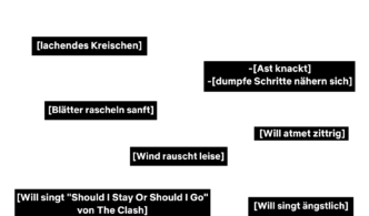 Grafische Darstellung auf hellgrauem Hintergrund zum Thema Untertitel beziehungsweise Closed Captions in Film und Serien. Oben links steht der Titel «Stranger Things (S05E01)». Über das Bild verteilt sind mehrere schwarze Textfelder mit weisser Schrift, die Geräusche und akustische Informationen beschreiben. Dazu gehören «[lachendes Kreischen]», «[Blätter rascheln sanft]», «[Wind rauscht leise]», «-[Ast knackt]», «-[dumpfe Schritte nähern sich]», «[Will atmet zittrig]», «[Will singt ängstlich]» sowie «[Will singt "Should I Stay Or Should I Go" von The Clash]». Die Elemente sind räumlich über die Fläche verteilt und vermitteln den Eindruck einer Szene, in der akustische Ereignisse im Raum verortet werden. Die Grafik veranschaulicht, wie erweiterte Untertitel nicht nur gesprochene Sprache, sondern auch Geräusche, Musik und emotionale Hinweise zugänglich machen.